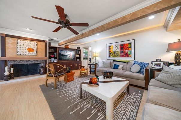 Fireplace, Interior, Living room, Recessed Lighting, Wood Texture Flooring
