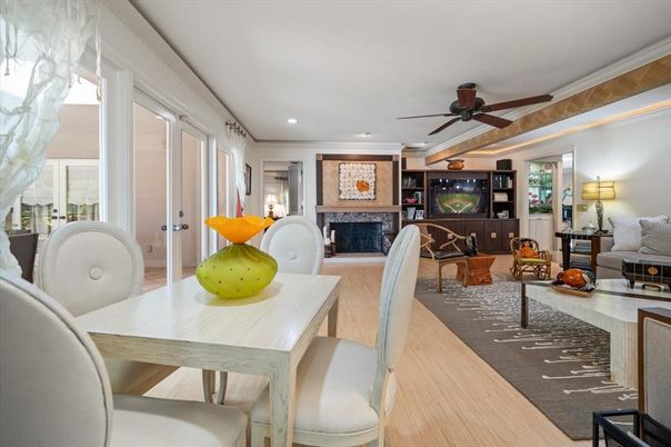 Dining room, Fireplace, Interior, Living room, Recessed Lighting, Wood Texture Flooring
