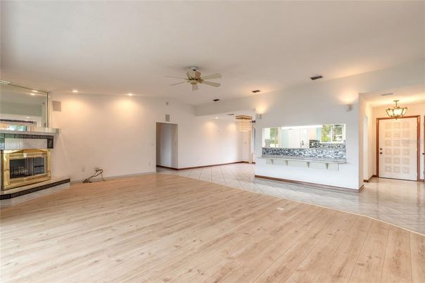 Empty room, Fireplace, Interior, Recessed Lighting, Wood Texture Flooring