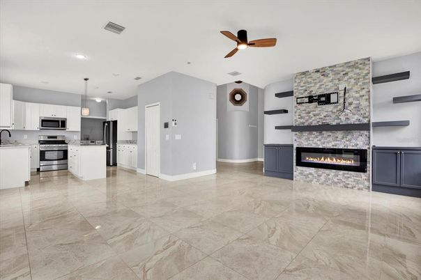 Fireplace, Interior, Kitchen, Pendant Lights, Recessed Lighting, Stainless Steel Appliances