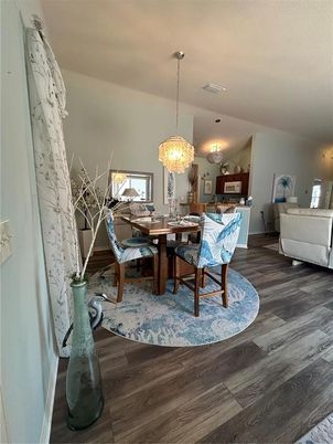 Chandelier, Dining room, Interior, Wood Texture Flooring