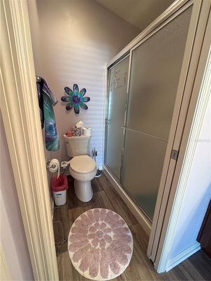 Bathroom, Glass Shower, Interior, Wood Texture Flooring