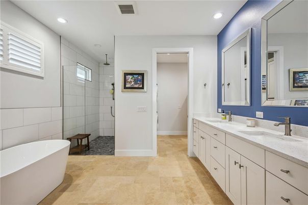 Bathroom, Dual Sink Vanities, Free Standing Baths, Interior, Recessed Lighting