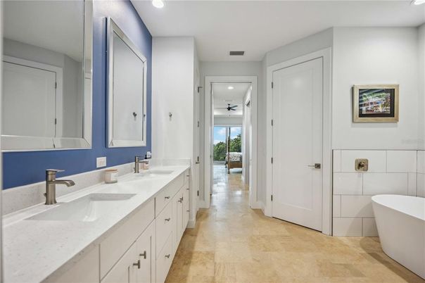 Bathroom, Dual Sink Vanities, Free Standing Baths, Interior, Recessed Lighting