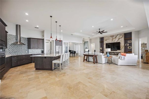 Dining room, Fireplace, Interior, Kitchen, Living room, Pendant Lights, Recessed Lighting, Stainless Steel Appliances