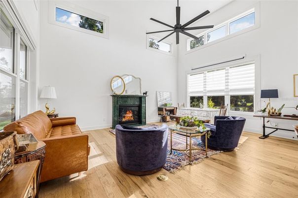 Fireplace, Interior, Living room, Pendant Lights, Wood Texture Flooring