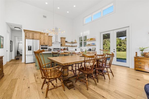 Chandelier, Dining room, Interior, Kitchen, Pendant Lights, Recessed Lighting, Wood Texture Flooring