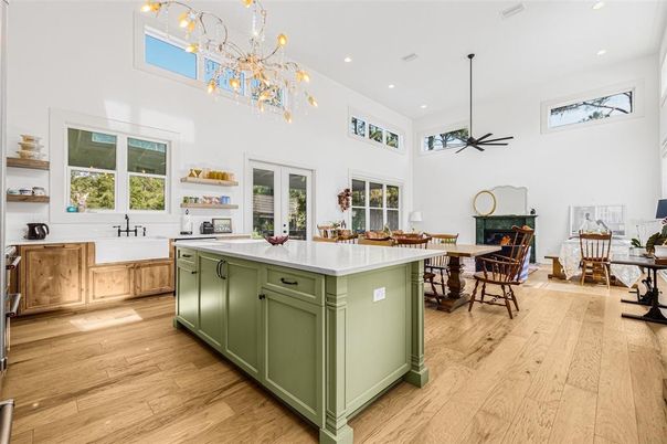 Dining room, Fireplace, Interior, Kitchen, Pendant Lights, Recessed Lighting, Wood Texture Flooring