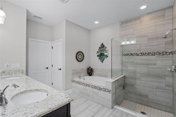 Bathroom, Dual Sink Vanities, Glass Shower, Interior, Recessed Lighting