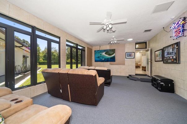 Interior, Living room, Recessed Lighting, Stone Walls