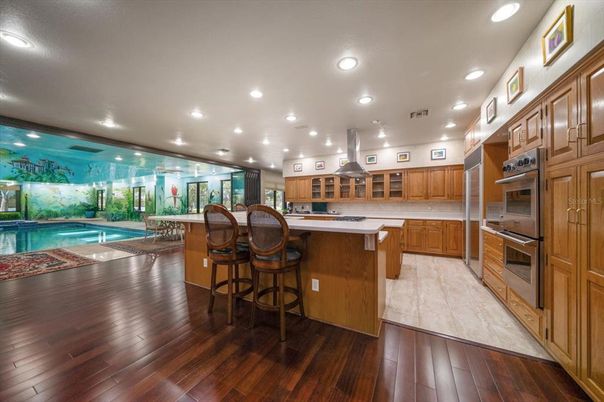 Interior, Kitchen, Pool, Recessed Lighting, Stainless Steel Appliances, Wood Texture Flooring
