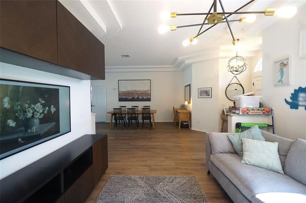 Dining room, Interior, Pendant Lights, Wood Texture Flooring