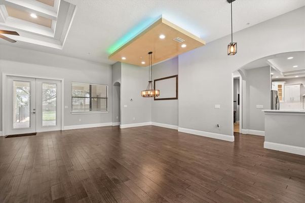 Empty room, Interior, Pendant Lights, Recessed Lighting, Wood Texture Flooring