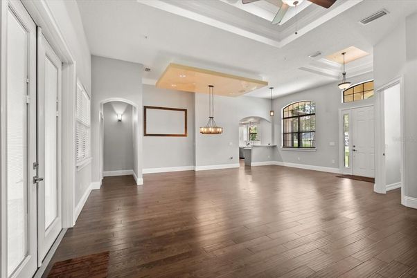 Empty room, Interior, Pendant Lights, Recessed Lighting, Wood Texture Flooring