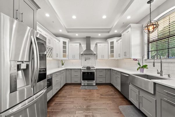 Interior, Kitchen, Pendant Lights, Recessed Lighting, Stainless Steel Appliances, Wood Texture Flooring