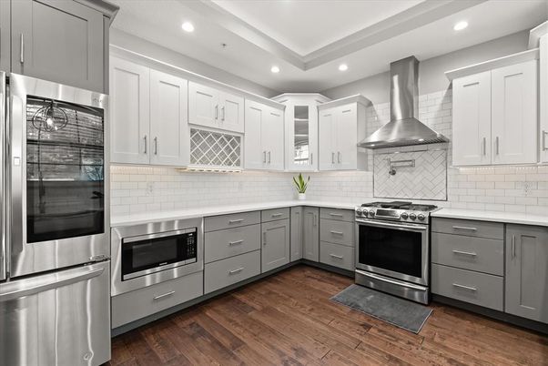 Interior, Kitchen, Recessed Lighting, Stainless Steel Appliances, Wood Texture Flooring