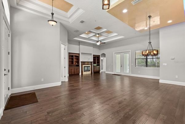 Chandelier, Empty room, Interior, Pendant Lights, Recessed Lighting, Wood Texture Flooring