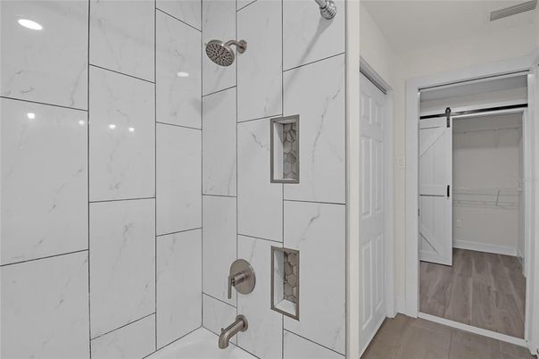 Bathroom, Interior, Marble Walls, Walk-in Closets, Wood Texture Flooring