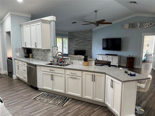 Interior, Kitchen, Recessed Lighting, Stone Walls, Wood Texture Flooring