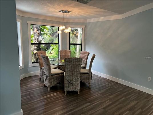Dining room, Interior, Pendant Lights, Wood Texture Flooring