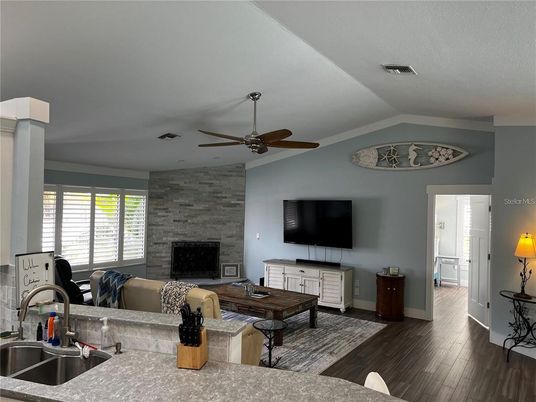 Fireplace, Interior, Living room, Stone Walls, Wood Texture Flooring