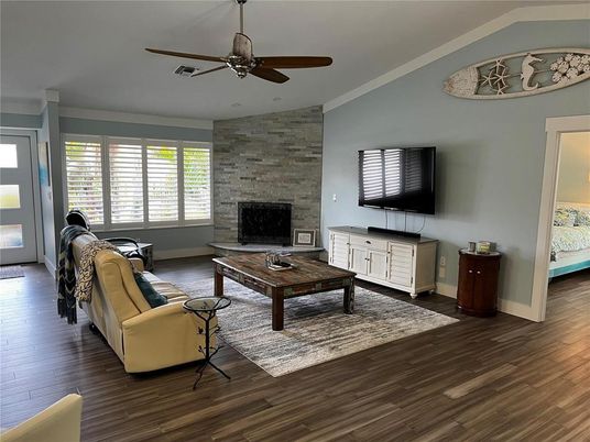 Fireplace, Interior, Living room, Stone Walls, Wood Texture Flooring