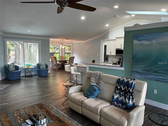 Dining room, Interior, Kitchen, Living room, Pendant Lights, Recessed Lighting, Stainless Steel Appliances, Wood Texture Flooring