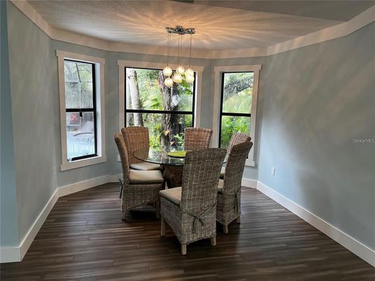 Dining room, Interior, Pendant Lights, Wood Texture Flooring