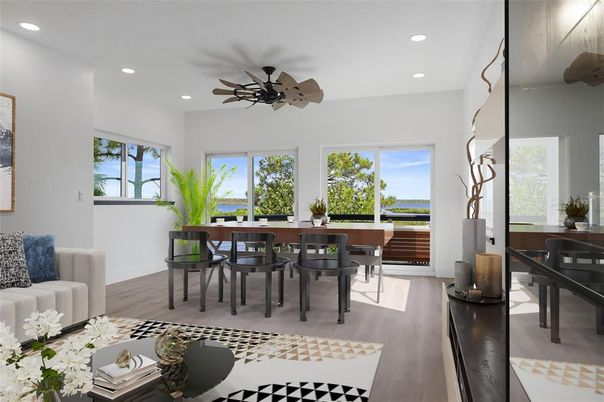 Dining room, Interior, Recessed Lighting, Water, Wood Texture Flooring