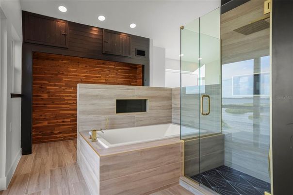 Bathroom, Glass Shower, Interior, Recessed Lighting, Wood Texture Flooring, Wooden Walls