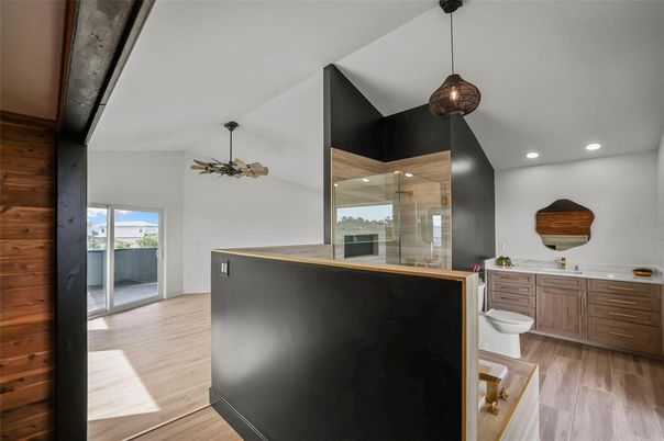 Bathroom, Interior, Pendant Lights, Recessed Lighting, Wood Texture Flooring