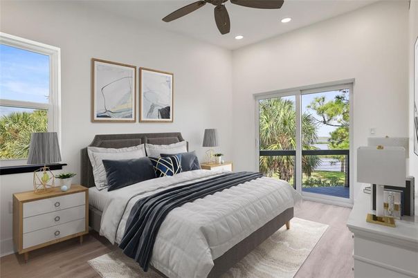 Bedroom, Interior, Recessed Lighting, Wood Texture Flooring