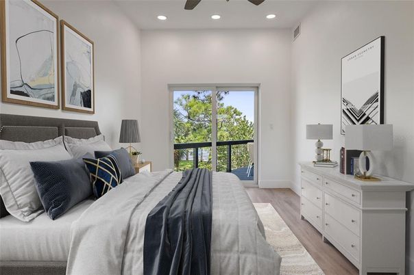 Bedroom, Interior, Recessed Lighting, Wood Texture Flooring