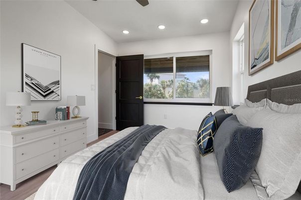 Bedroom, Interior, Recessed Lighting, Wood Texture Flooring