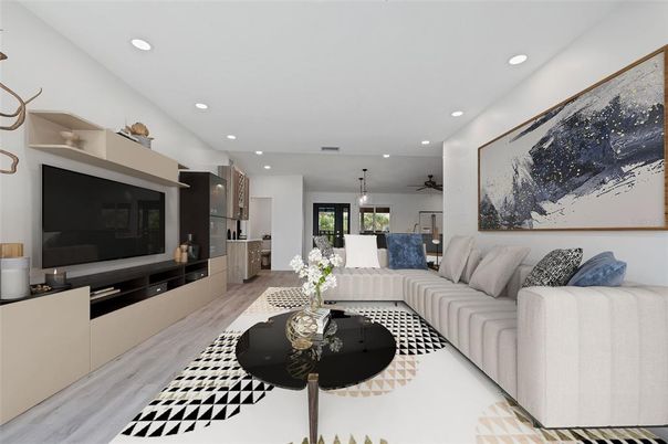 Interior, Kitchen, Living room, Pendant Lights, Recessed Lighting, Wood Texture Flooring