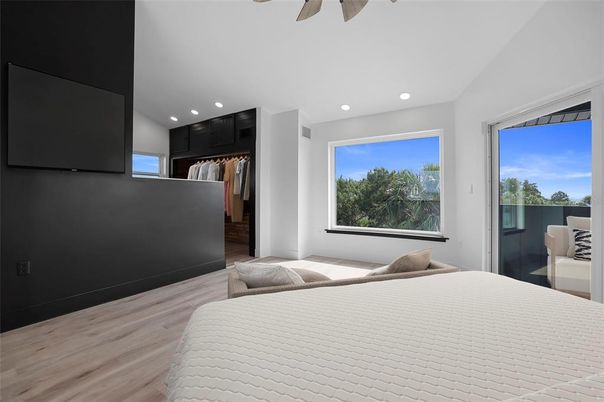 Bedroom, Interior, Recessed Lighting, Wood Texture Flooring