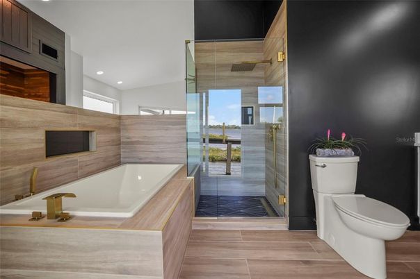 Bathroom, Interior, Recessed Lighting, Water, Wood Texture Flooring