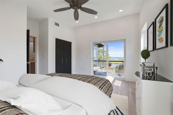 Bedroom, Interior, Recessed Lighting, Water, Wood Texture Flooring