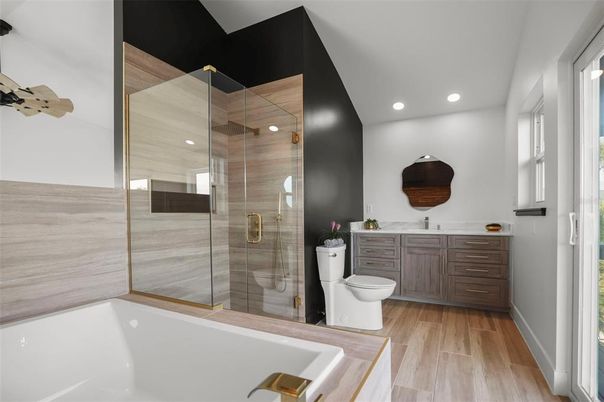 Bathroom, Glass Shower, Interior, Recessed Lighting, Wood Texture Flooring