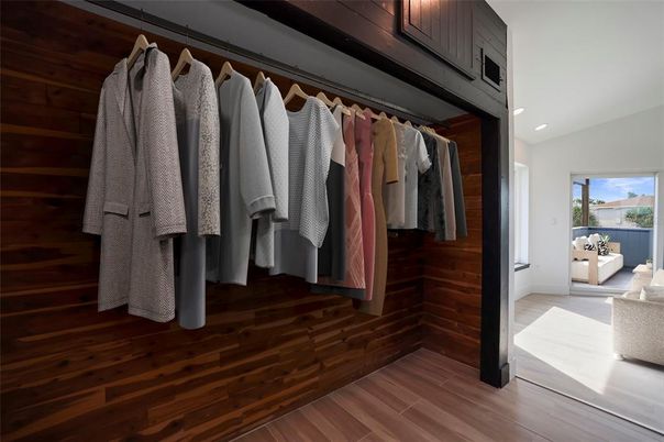 Interior, Recessed Lighting, Walk-in Closets, Wood Texture Flooring, Wooden Walls