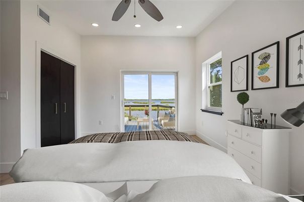 Bedroom, Interior, Recessed Lighting, Water, Wood Texture Flooring