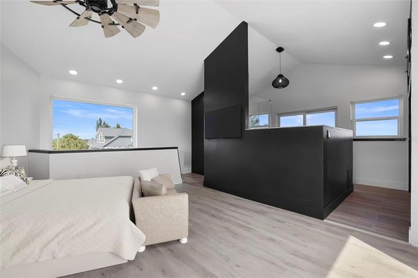 Bedroom, Interior, Pendant Lights, Recessed Lighting, Wood Texture Flooring