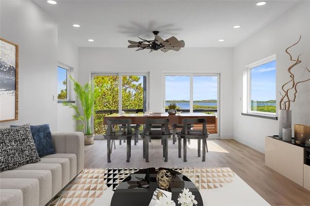 Dining room, Interior, Recessed Lighting, Water, Wood Texture Flooring