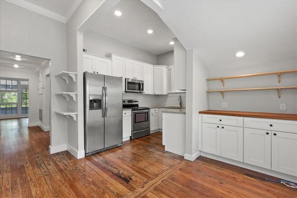 Interior, Kitchen, Recessed Lighting, Stainless Steel Appliances, Wood Texture Flooring