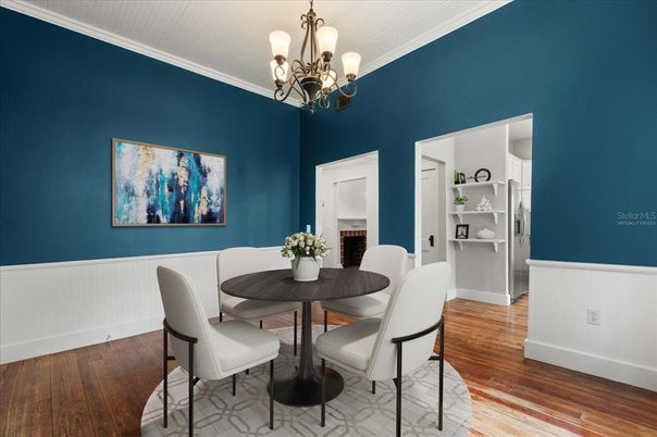 Chandelier, Dining room, Interior, Wood Texture Flooring