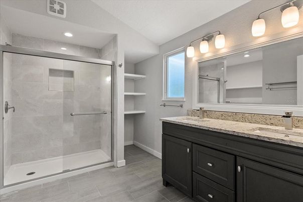 Bathroom, Dual Sink Vanities, Glass Shower, Interior, Recessed Lighting