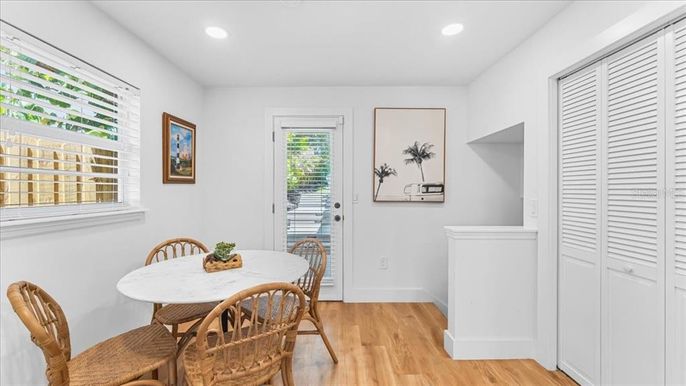 Dining room, Interior, Recessed Lighting, Wood Texture Flooring