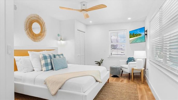 Bedroom, Interior, Recessed Lighting, Wood Texture Flooring
