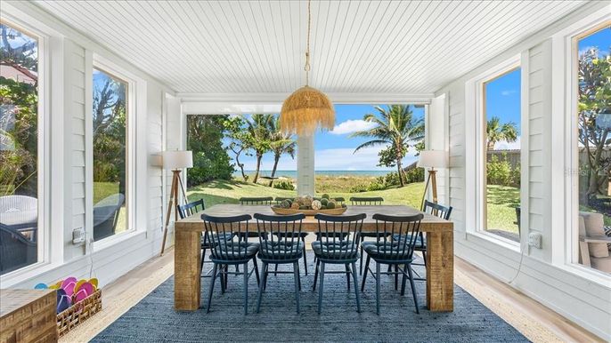 Dining room, Interior, Sun Room, Water, Wood Texture Flooring
