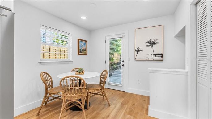 Dining room, Interior, Recessed Lighting, Wood Texture Flooring